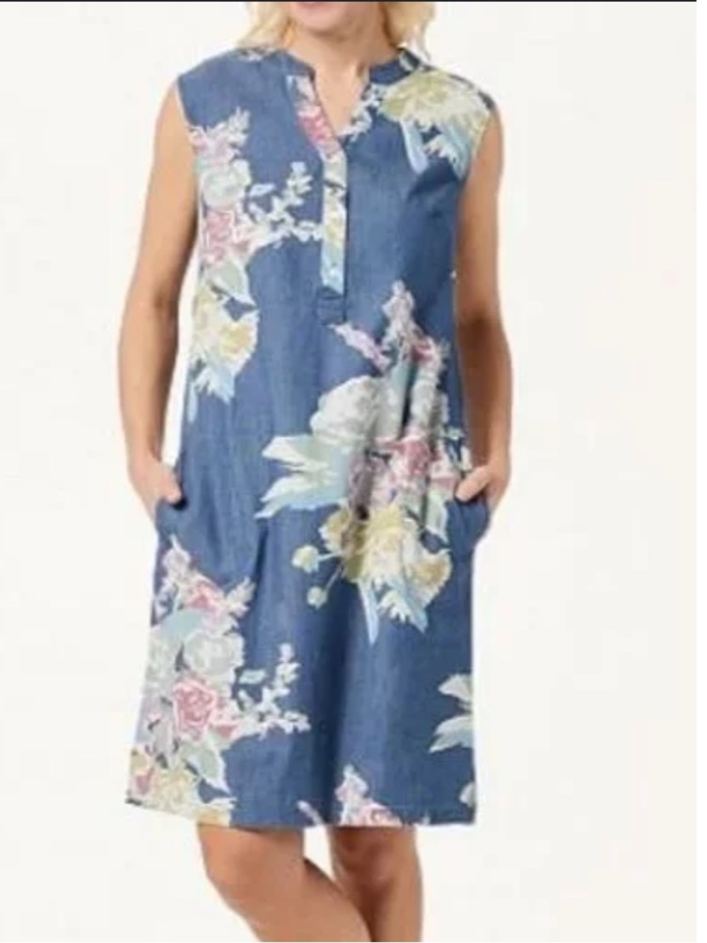 Denim & Co. Stretch Denim look blue floral print A-Line Dress L